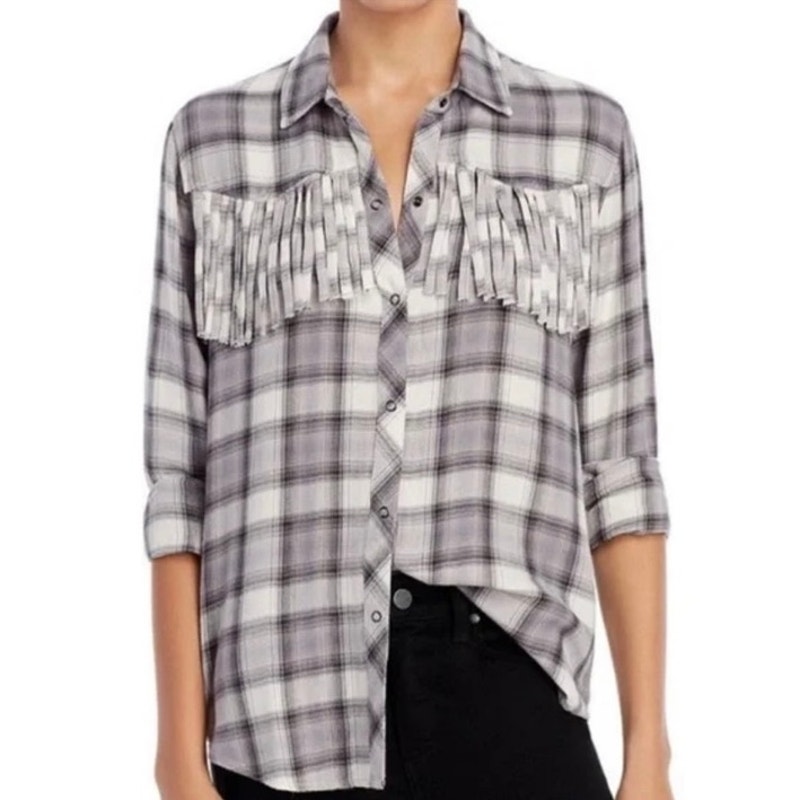 Rails Dolly Plaid Fringe Top Shadow Gray Snap Front Country Western Size Xs